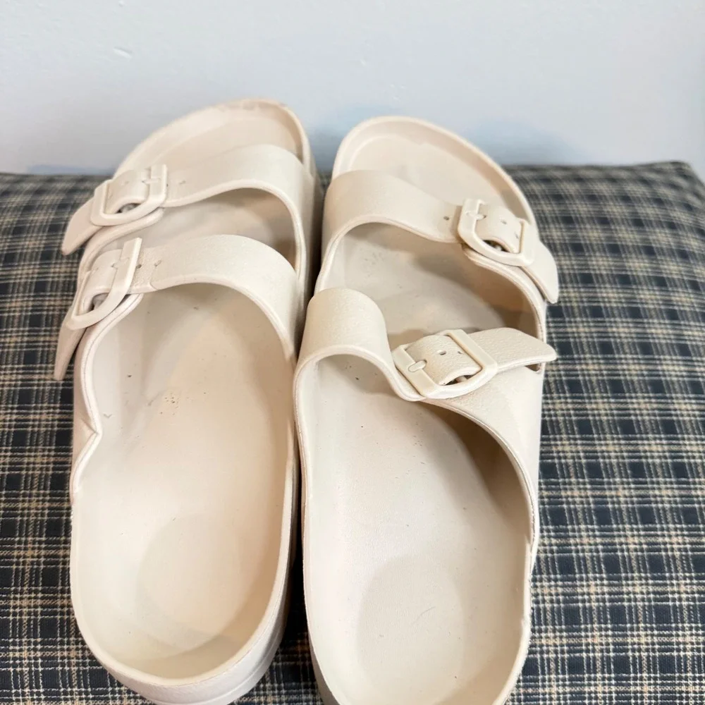 Double Buckle Platform Slide Sandals Size 39 Cream Beige Waterproof